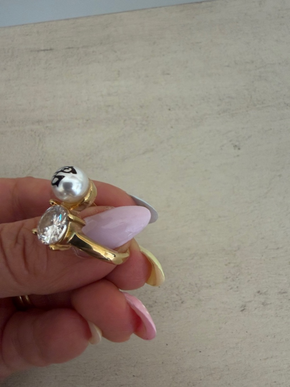 Gold-Tone Ring with White Pearl and Clear Stone - Women's Fashion Ring
